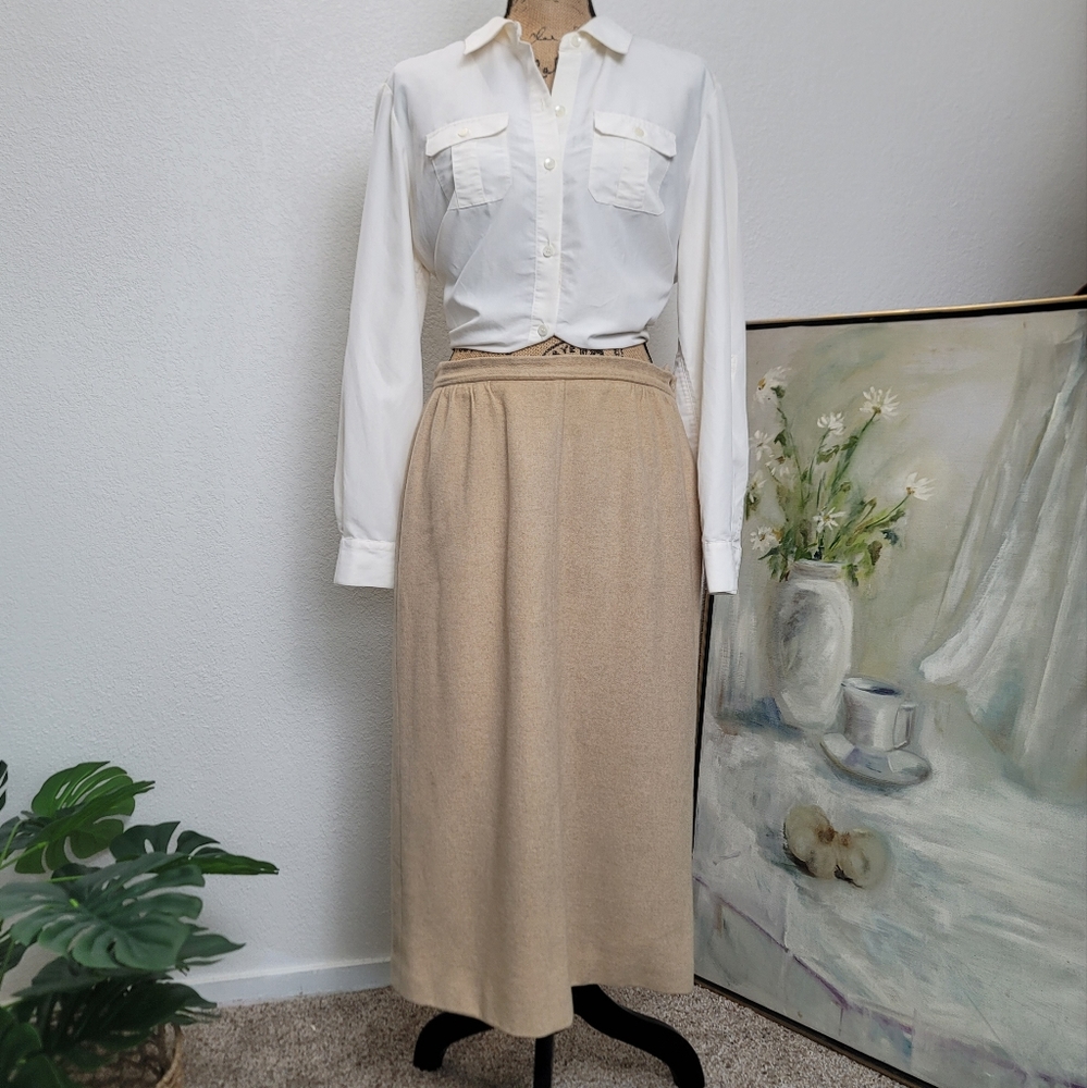 70s JAEGER Cashmere Midi Skirt Classic Neutral Vtg Size 16